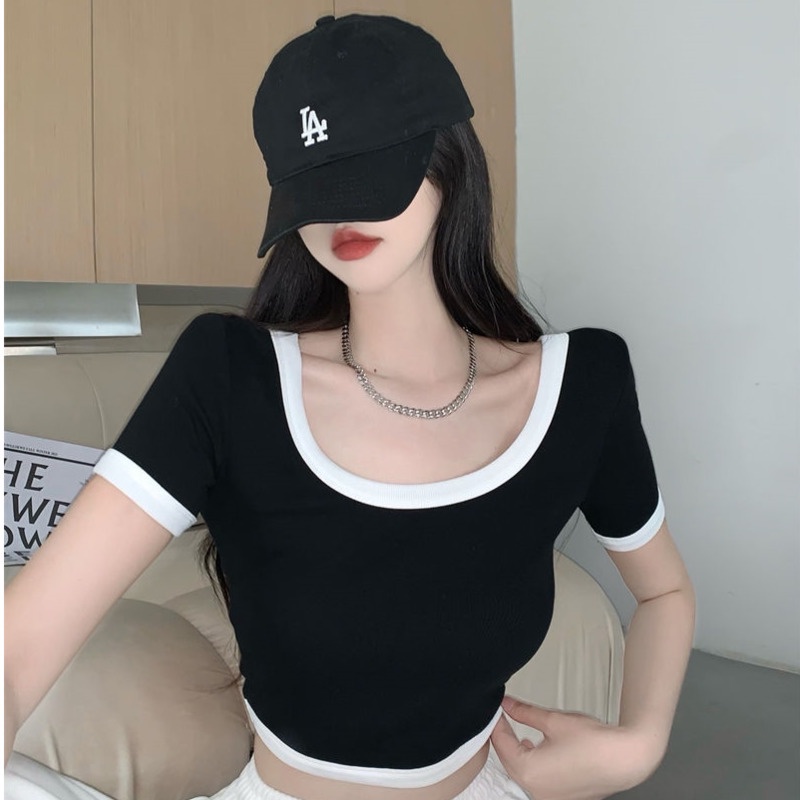 Áo Thun Cổ Chữ u Màu Hồng Thời Trang Mùa Hè Dễ Phối Đồ