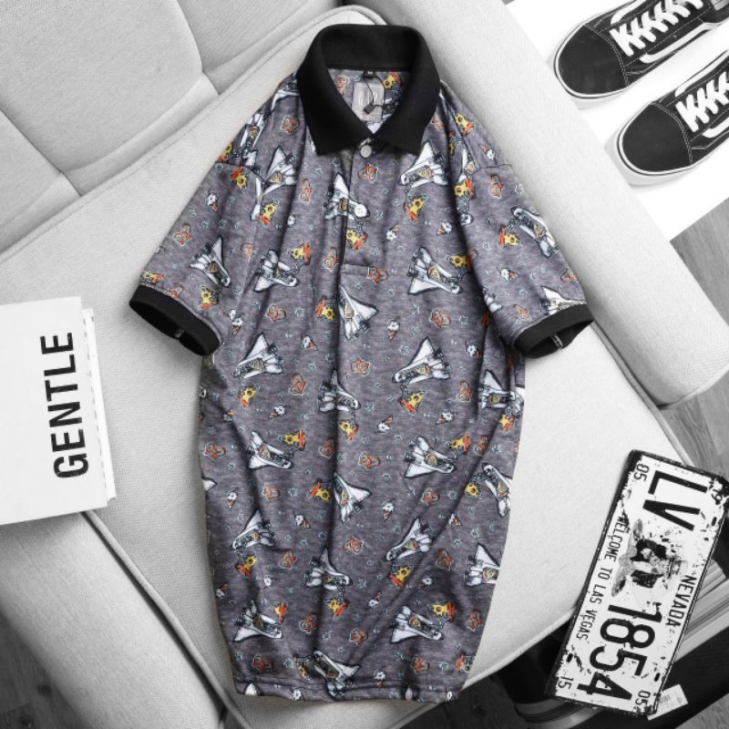 [size to &lt;110kg] Áo thun nam ngăn tay polo 100% cotton có cổ in hoa văn cổ đen