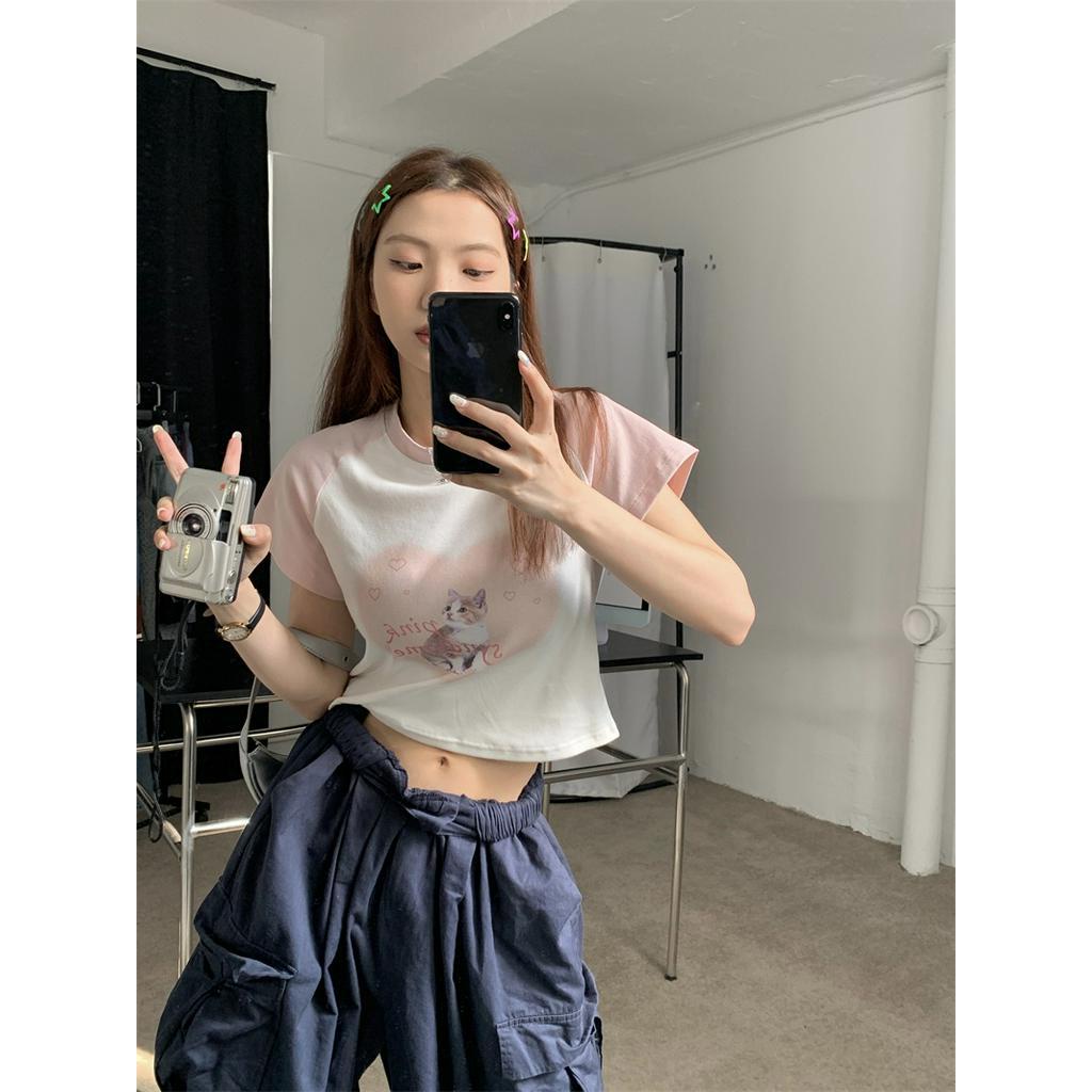 Áo Thun Tay Ngắn In Hình Mèo Màu Sắc Thời Trang Mùa Hè Xinh Xắn Cho Nữ