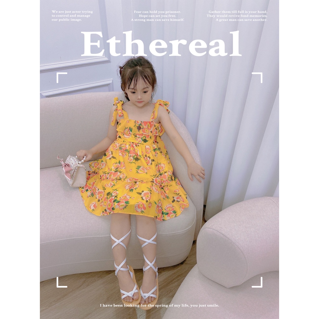 Váy công chúa bé gái, váy tơ hoa 2 dây buộc vai bèo tầng cho bé mẫu AHH2