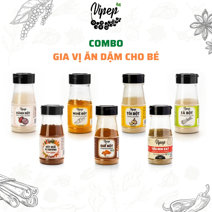 Bộ Sản Phẩm Gia Vị Ăn Dặm Cho Bé - Gia Vị Vipep Tự Nhiên Và Nguyên Chất (Hành Bột, Tỏi Bột, Nghệ Bột,...)