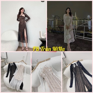 Đầm midi ren hoa dây chéo ngực khoét vai xẻ đùi 💫