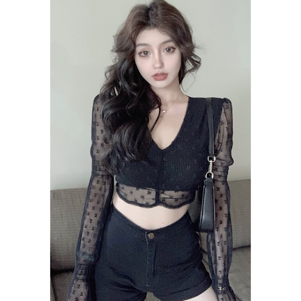 [HÀNG CAO CẤP] Áo Croptop Dài Tay Thiết Kế Mới Phối Ren Dây Hàn Quốc | BigBuy360 - bigbuy360.vn