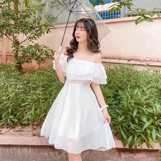 Váy công chúa trễ vai voan tơ xinh xắn shop chakovet CKV034, đầm dự tiệc tiểu thư màu trắng dáng xòe, đầm trơn ngắn tay