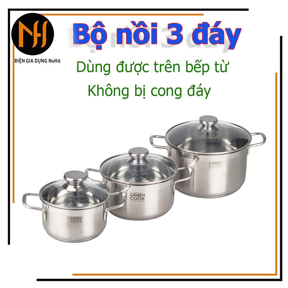 [Có Video] Bộ nồi inox 3 đáy thân cao , đáy từ không kén bếp chính hãng Greencook, bộ 3 size 16/20/24cm