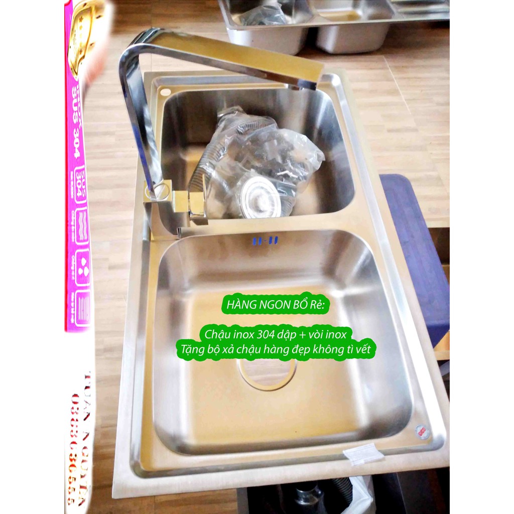 Bộ Chậu Rửa Chén Bát 2 Hố Cân,Chậu Rửa Bát Chén kt 78x43 inox 304 100%( Bảo hành 36 tháng)