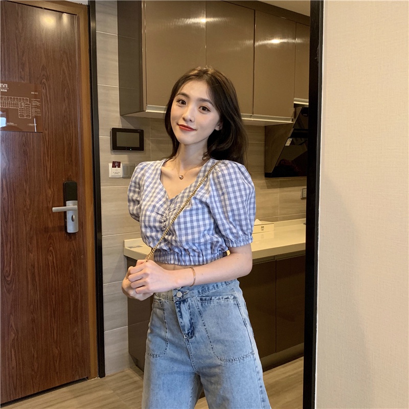 Áo sơ mi NZN tay phồng ôm dáng họa tiết sọc caro thời trang mùa hè dành cho nữ