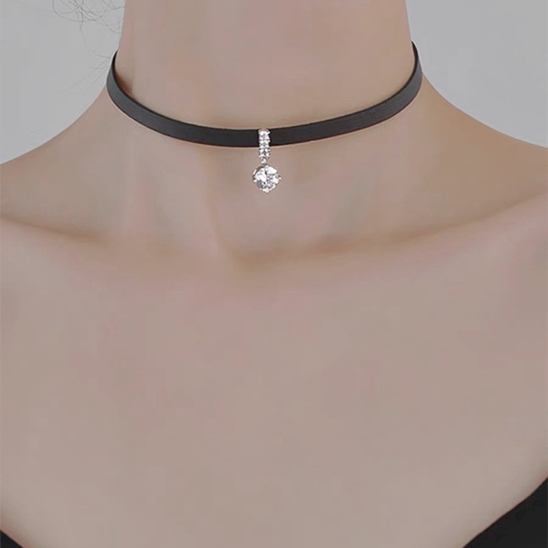 Vòng Cổ Choker Dây Da Đính Đá Phong Cách Hàn Quốc Đơn Giản Thời Trang