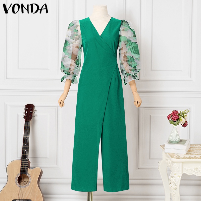 Áo liền quần Vonda tay dài 3/4 cổ chữ V dáng rộng thời trang cổ điển thanh lịch cho nữ