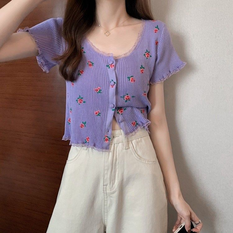 Áo thun cardigan Áo NgắN Tay PhốI Ren Hoa 2022 ThờI Trang Cho Nữ JL-TX-244