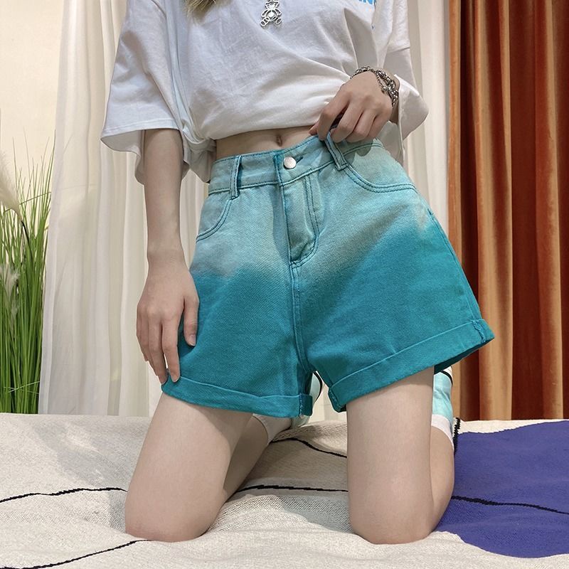 Quần Short Denim Gradient 165141 Quần Short Chữ a Lưng Cao Ống Rộng Màu Sắc Tương Phản Thời Trang Cho Nữ