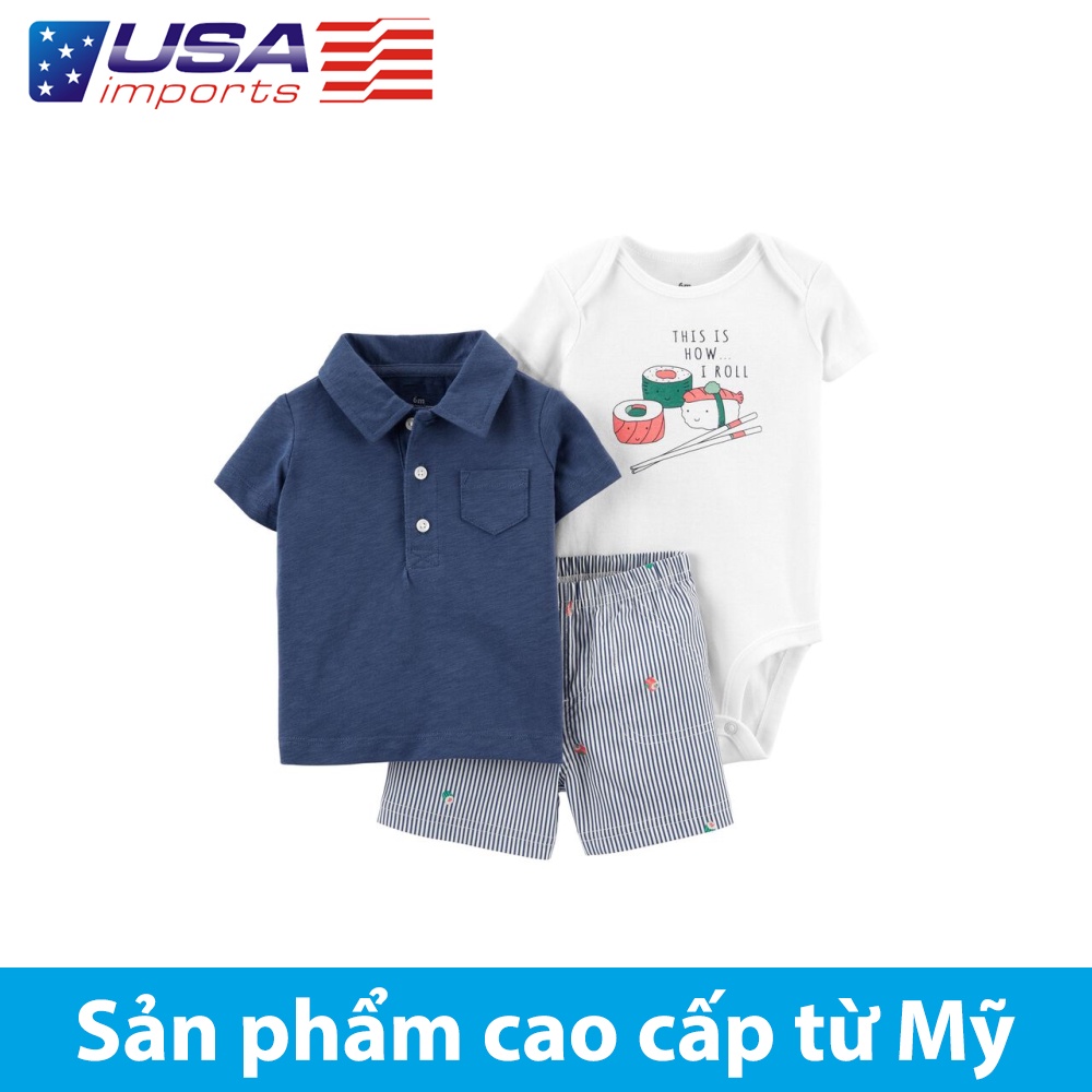 Set 3 món áo polo xanh navy kèm quần short kaki kẻ Car-tờ Auth Từ Mỹ (1K446910)