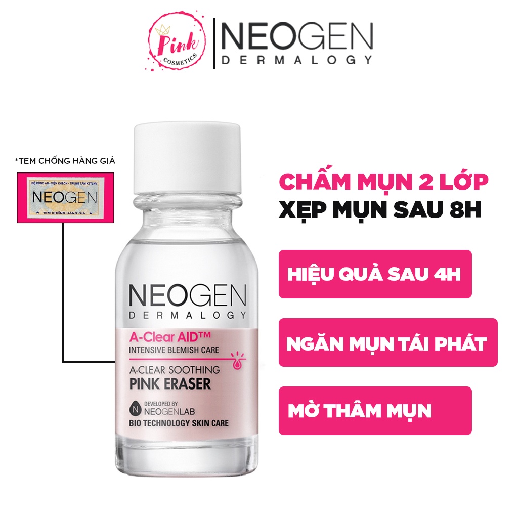 Chấm Mụn Neogen Dermalogy A-Clear Aid Soothing Pink Eraser 15ml, Xẹp Mụn Sau 4H, Chấm Mụn 2 Lớp - PinkCosmetics