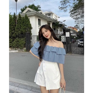 Chân váy lưng cao kiểu lệch tà phối nút