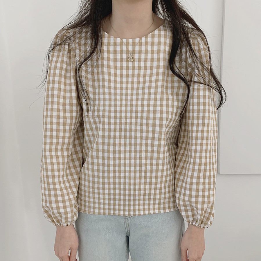 41474 Áo Sơ Mi Tay Dài Cổ Tròn Họa Tiết Kẻ Sọc Ca Rô Phong Cách Hàn Quốc