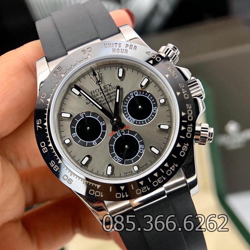 Đồng hồ nam Rolex cơ Automatic Máy Nhật mẫu 3 nút màu xám dây cao su số DẠ QUANG size 41-42mm