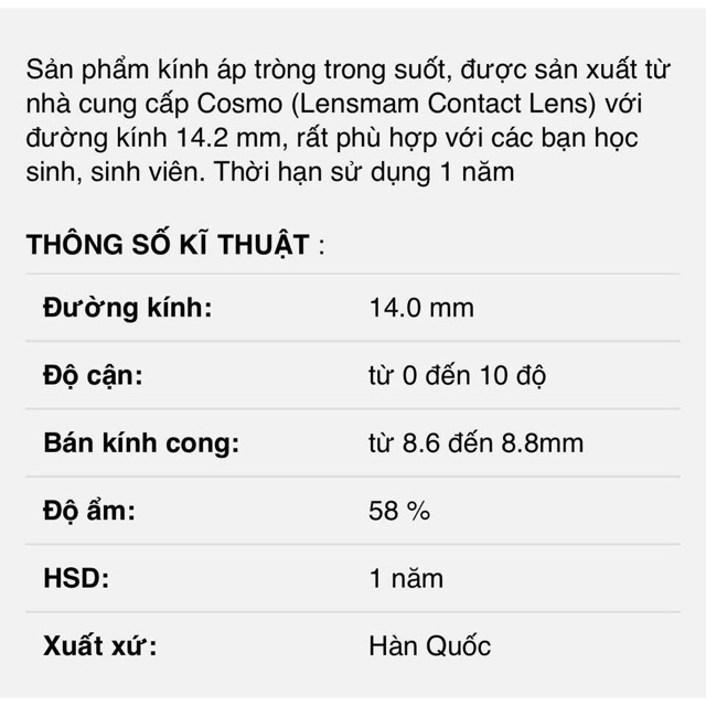 Lens cận trong suốt Hàn Cosmo(1-15 độ) có lệch độ