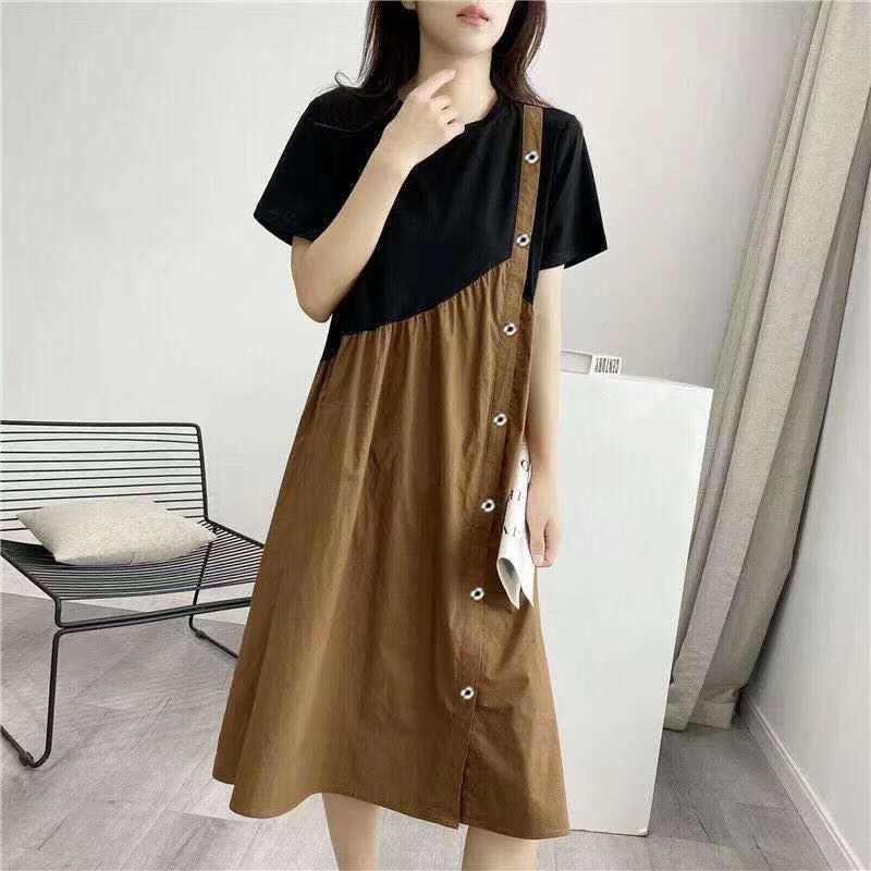 Đầm Chữ a Giả Hai Mảnh Dáng Ôm Tay Ngắn Phong Cách Pháp Thời Trang Cho Nữ