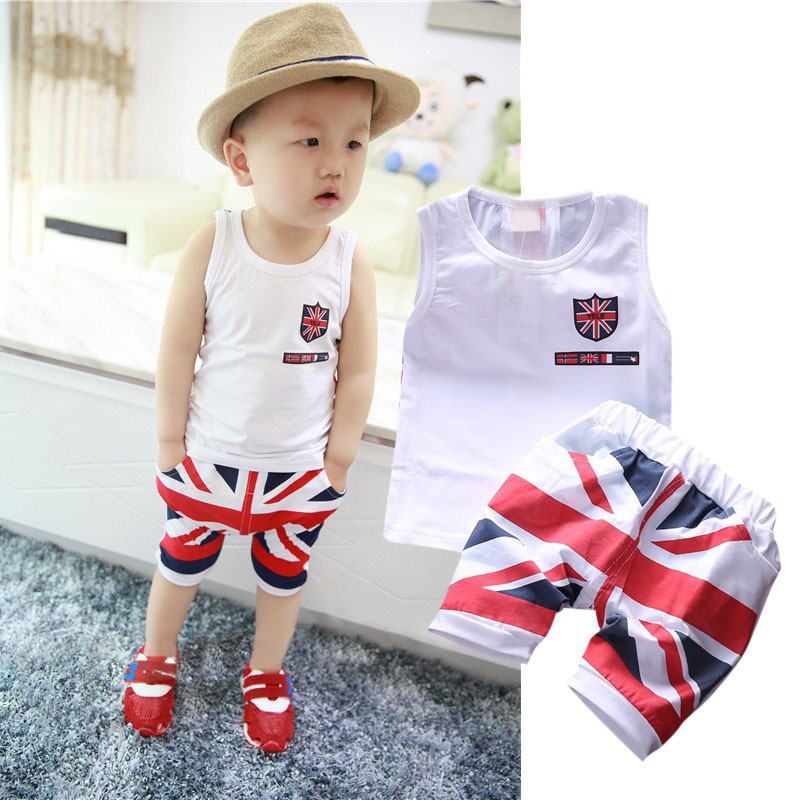 Bộ áo cotton sát nách + quần ngắn hình cờ nước Anh thời trang cho bé trai