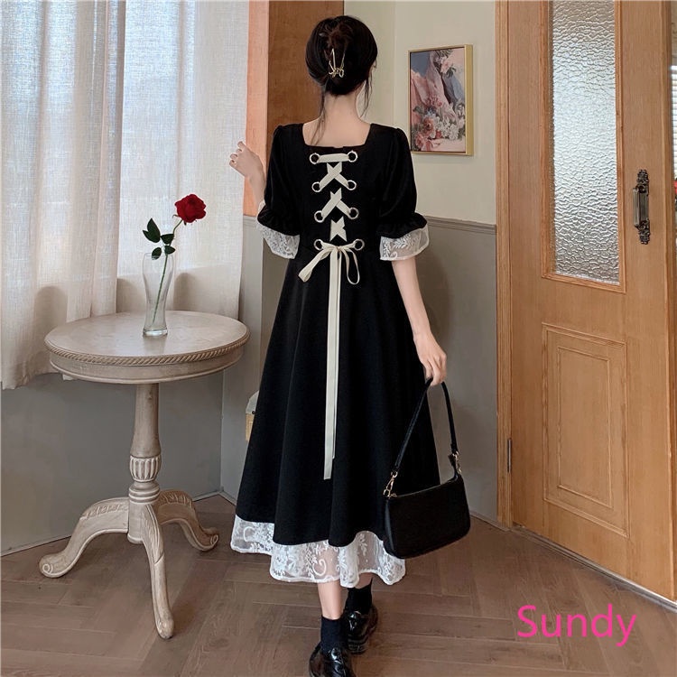 Đầm dài màu đen phối ren phong cách cổ điển Pháp thời trang mùa hè cho nữ