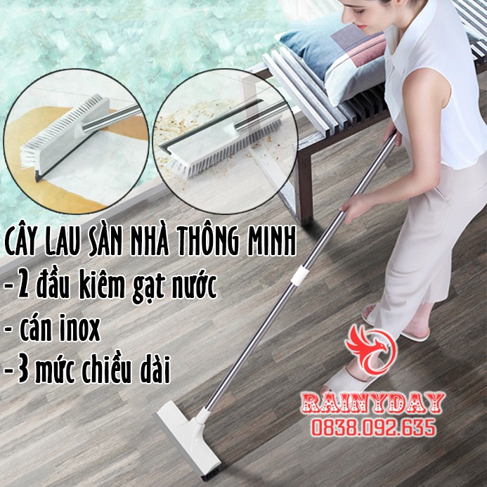 Cây chổi lau quét chà gạt nước sàn nhà thông minh phòng tắm 2 đầu đa năng cán inox 3 mức chiều dài