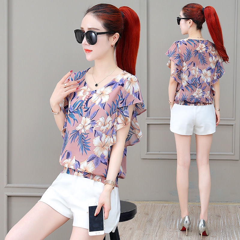 Áo Sơ Mi Voan Hoa Tay Ngắn Thời Trang Dành Cho Nữ