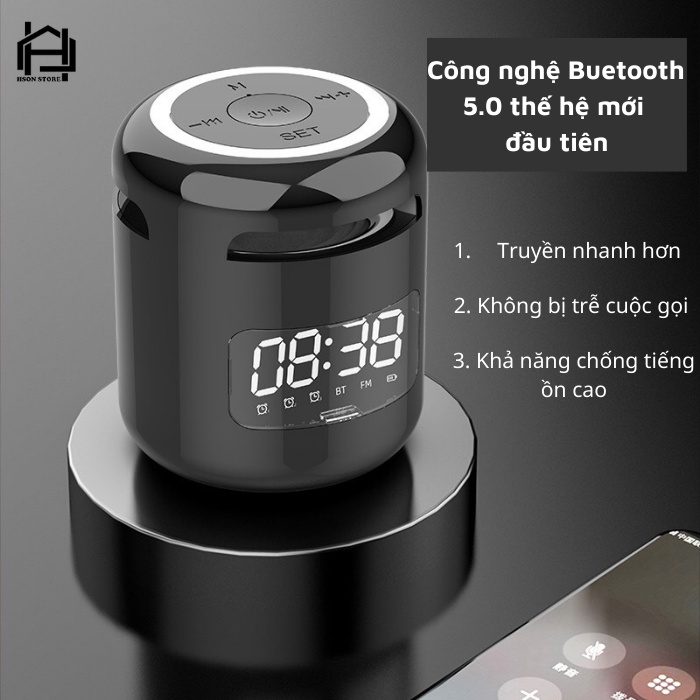 Loa bluetooth kiêm đồng hồ, báo thức, nghe đài FM, làm đèn ngủ -Loa mini cao cấp âm thanh siêu trầm ấm thiết kế nhỏ gọn