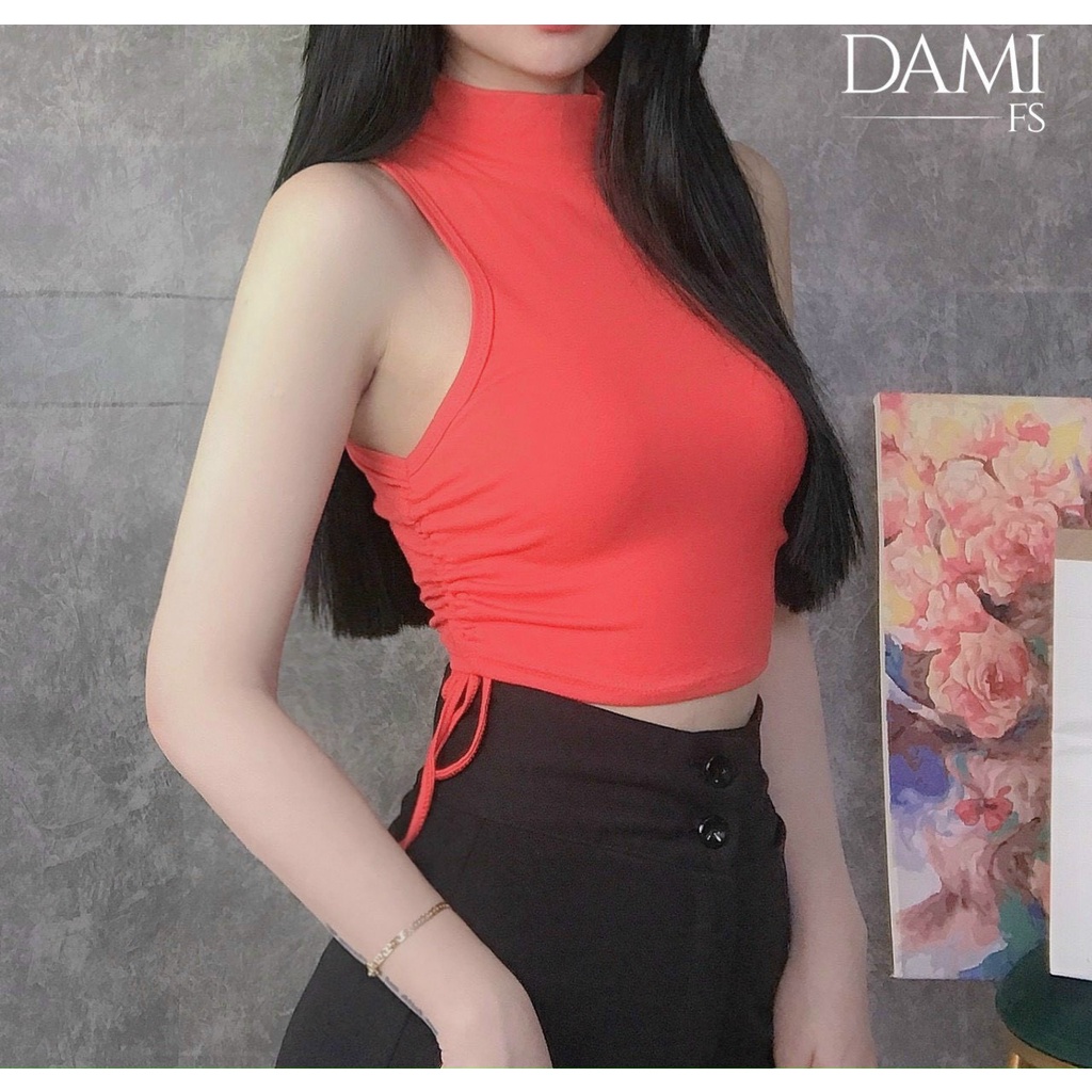 Áo kiểu , áo ba lỗ thun gân cổ lọ trơn rút dây 2 bên cực hot , chất thun gân dày dặn co giãn