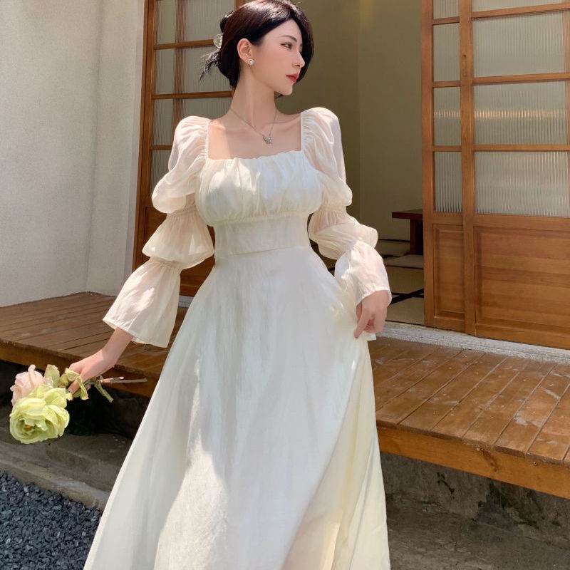 Đầm chữ A cổ vuông tay phồng thời trang mùa thu cho nữ