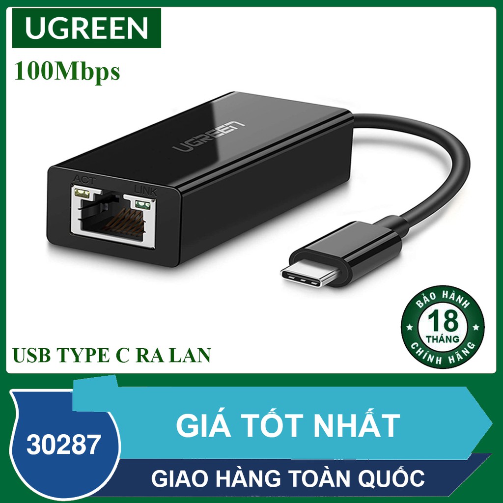 Cáp chuyển USB Type C ra LAN tốc độ cao 100Mbps - Usb C to Lan chính hãng UGREEN 30287