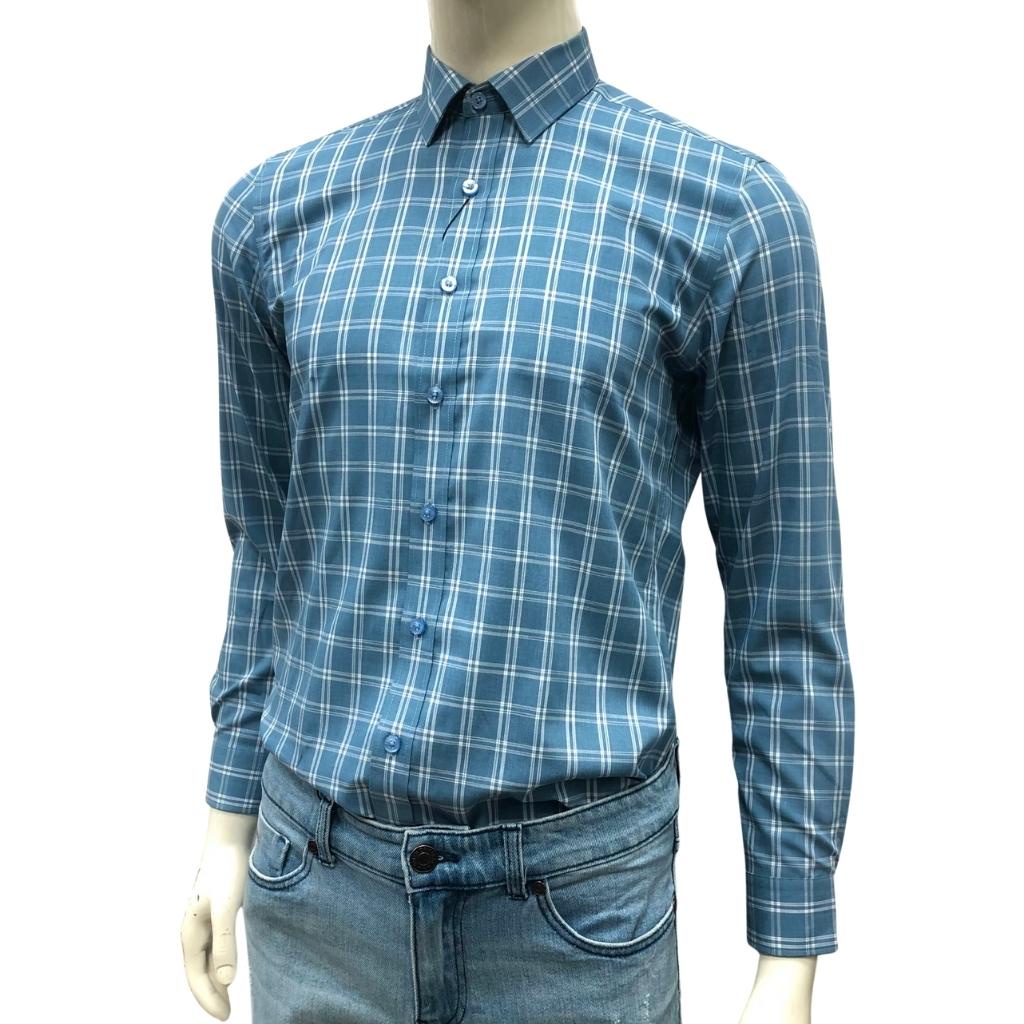 Áo sơ mi dài tay nam OWEN AS220951D công sở Vải Sợi Tre cao cấp Màu Kẻ caro xanh trắng Dáng Slim Fit Tà Lượn Không Túi