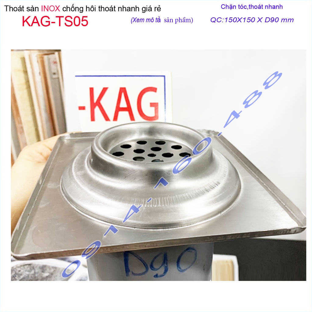 Phễu thoát sàn chống hôi KAG-TS05, ga thoát sàn vuông 15x15cm ống D90 nước thoát nhanh giá tốt sử dụng tốt