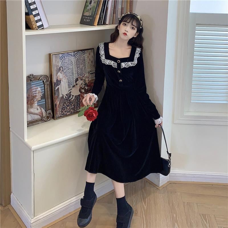 Váy babydoll Đầm Nhung Đen Dáng Dài Chiết Eo Phong Cách Hepburn Pháp Thời Trang Xuân Thu Cho Nữ