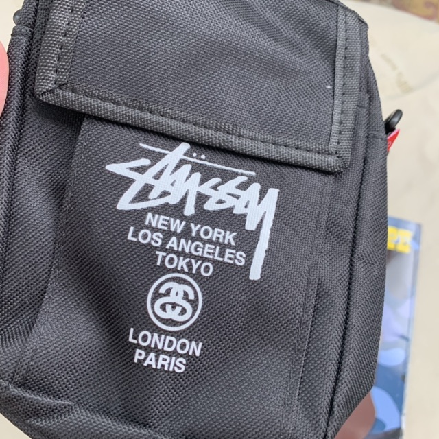 Túi đeo chéo mini Stussy vải Oxford đen