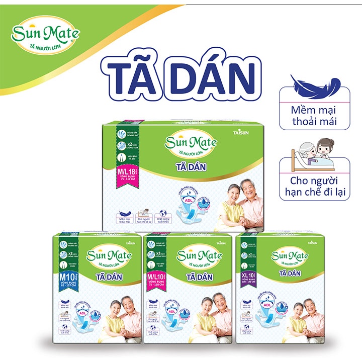 Tã Dán Người Lớn SunMate Size M10 - Vòng Bụng 62-107cm - Bịch 10 Miếng