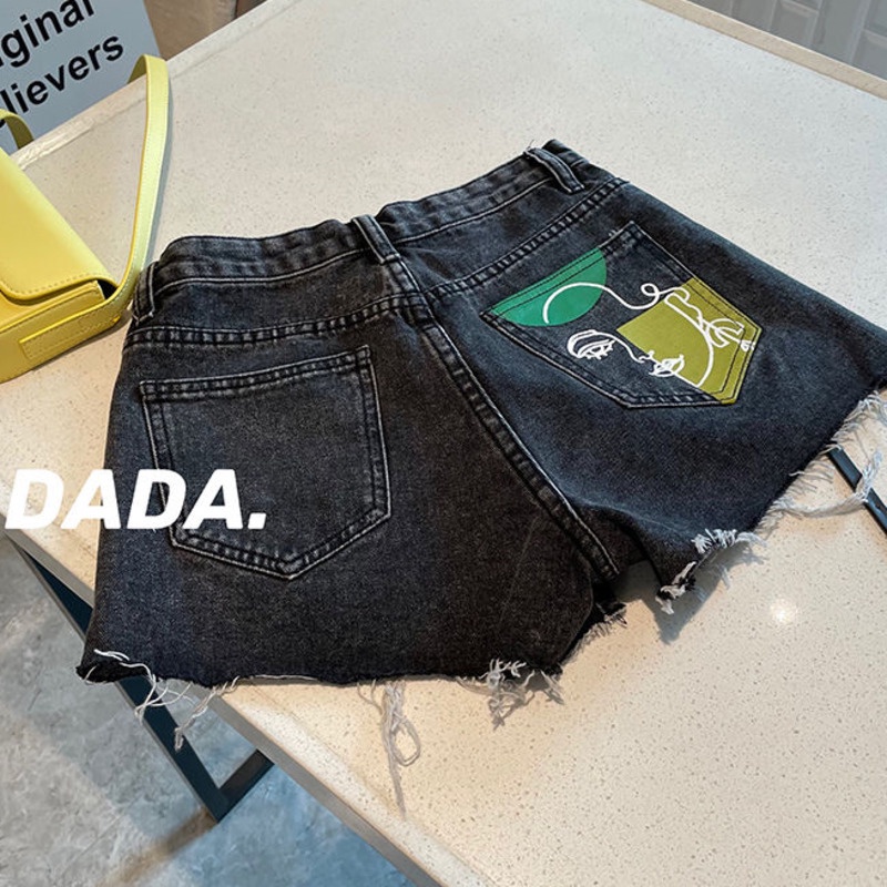 Quần đùi denim RENJIANVSHENG thiết kế rách màu sắc tương phản thời trang cá tính dành cho nữ