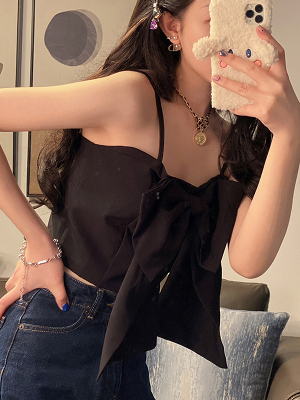 Áo hai dây nữ dáng croptop ôm 2021, Áo bánh bèo hở vai màu đen trắng cổ vuông phối nơ to cánh bướm thời trang hàn quốc