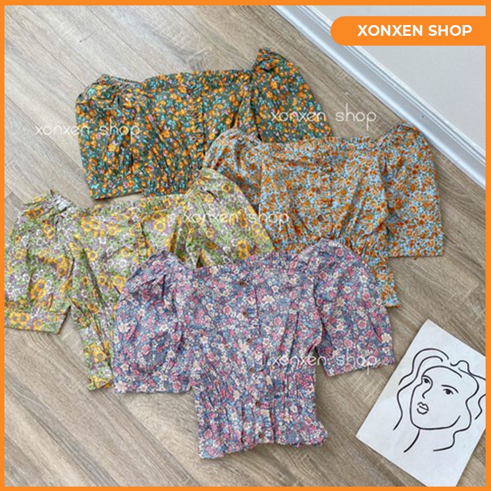 Áo kiểu nữ croptop hoa nhí trễ vai nữ tính FREESIZE
