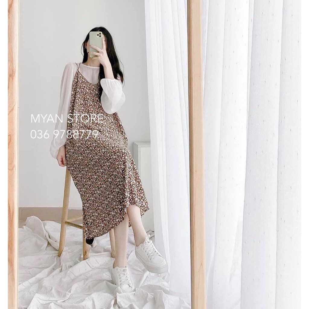 Set váy hoa V042103 + áo tơ cổ tròn A042101