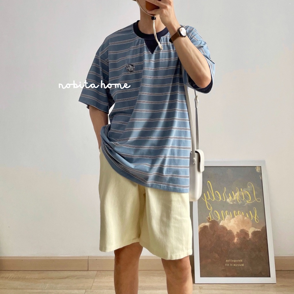 NOBITA HOME - Áo thun tay ngắn kẻ sọc thêu logo form rộng 7135