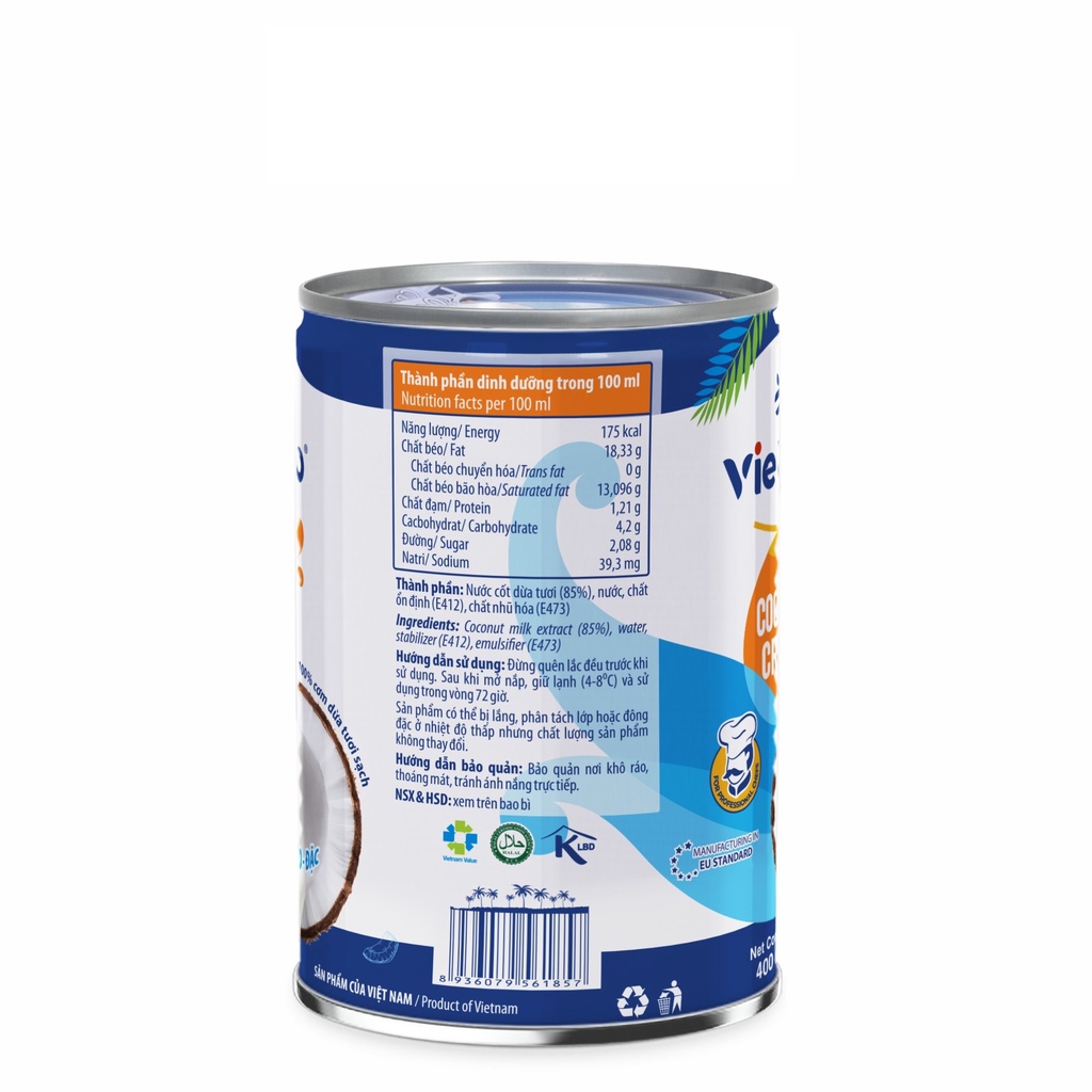 Nước cốt dừa Hữu cơ Vietcoco đóng hộp nguyên thùng lon dung tích 400 ml - Organic Coconut Cream