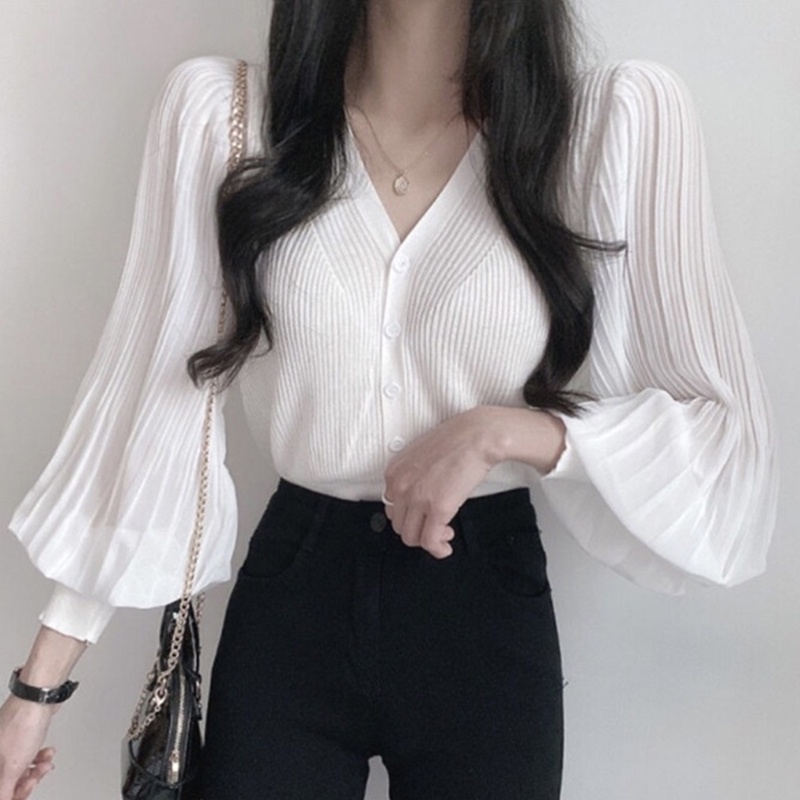 Áo kiểu Perty dệt kim tay dài cổ chữ V phong cách Hàn Quốc thời trang thu đông dành cho nữ