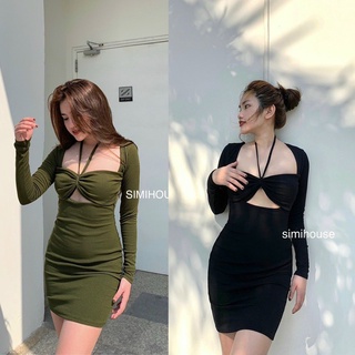 Đầm body nữ tay dài cổ phối kiểu có mút ngực