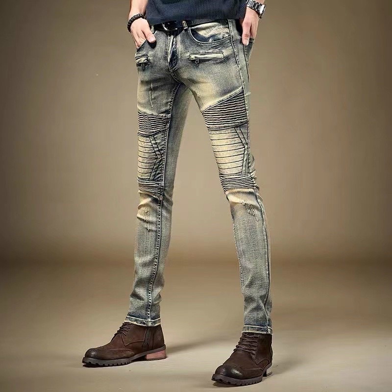 Quần jean Skinny bụi Nam vải nhăn đùi gối phối khoá zip ngang QJ138P