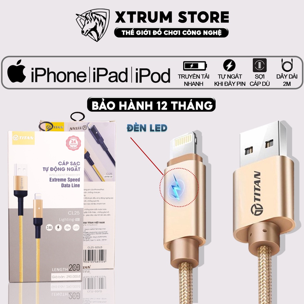 Cáp sạc iphone ipad tự ngắt TITAN Xtrum Store dài 2m chất liệu dù siêu bền