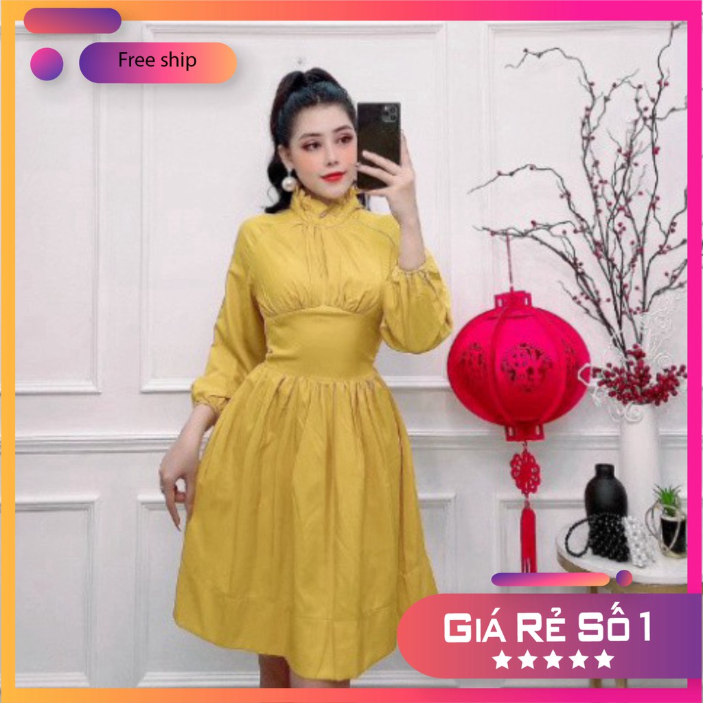 Đầm Nhún Eo Tay Lỡ Cổ Cao Mẫu Thiết Kế Hot 2021