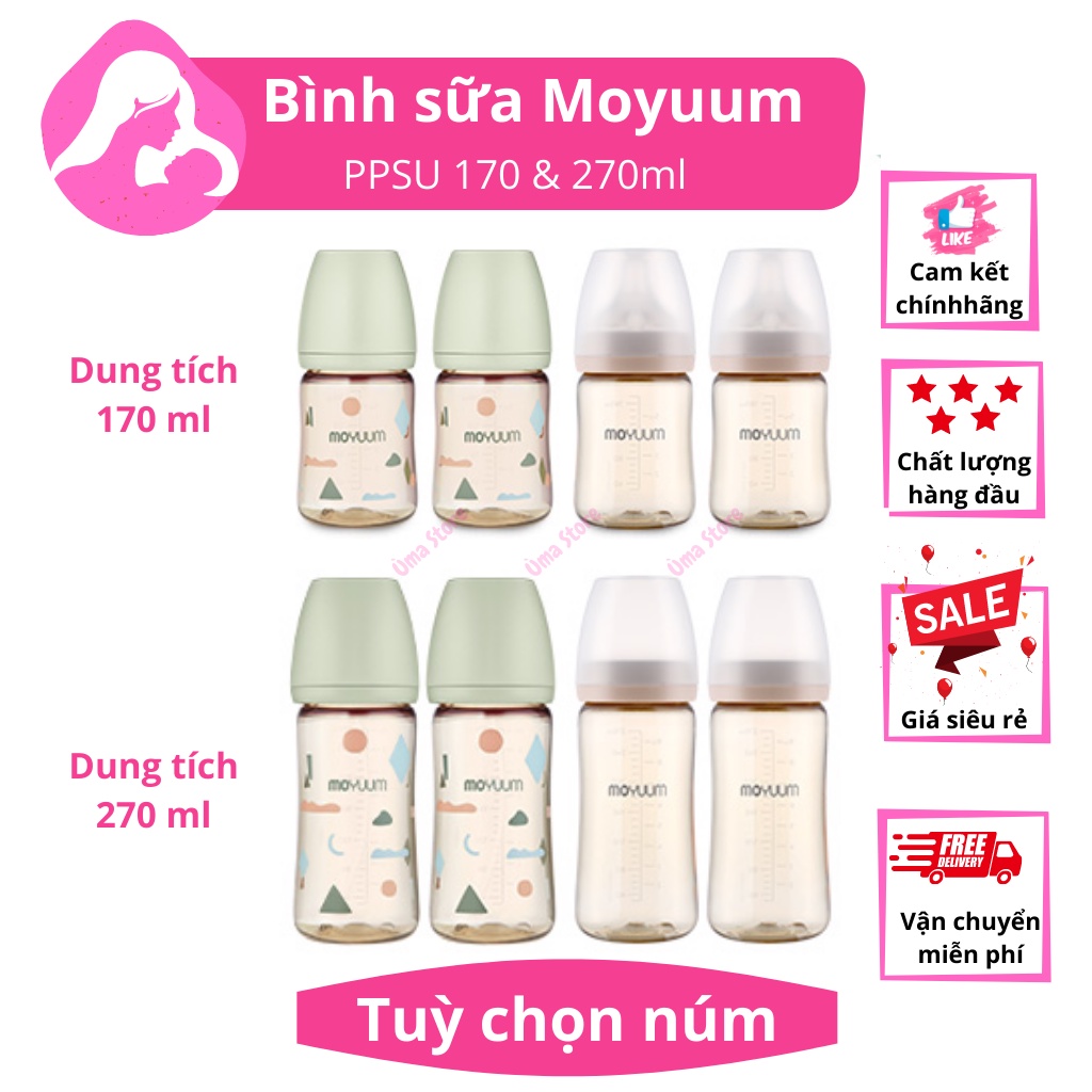Bình sữa MOYUUM Hàn Quốc cho bé, PPSU 170 &amp; 270ml - Tuỳ Chọn Núm
