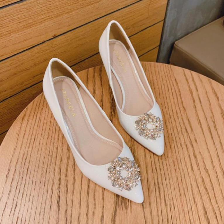 Giày cao gót da bóng đính hoa đá gót nhọn 8p-3 màu hàng đẹp bán shop - )