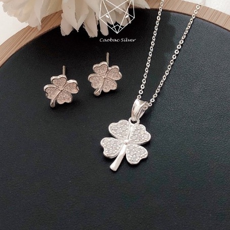 Dây Chuyền Bạc, Khuyên Tai Bạc Nữ S99 Mẫu Cỏ 4 Lá May Mắn - Trang Sức Cáo Bạc JEWELLERY