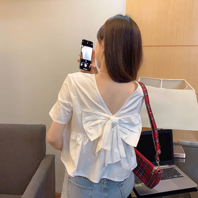 Áo kiểu ngắn tay cổ chữ V màu trơn phong cách cho nữ